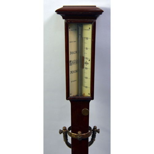 6 - G ABOTINI, CARDIFF, BRASS MOIUNTED MAHOGANY MARINE STICK BAROMETER, the signed dial with five weathe... 