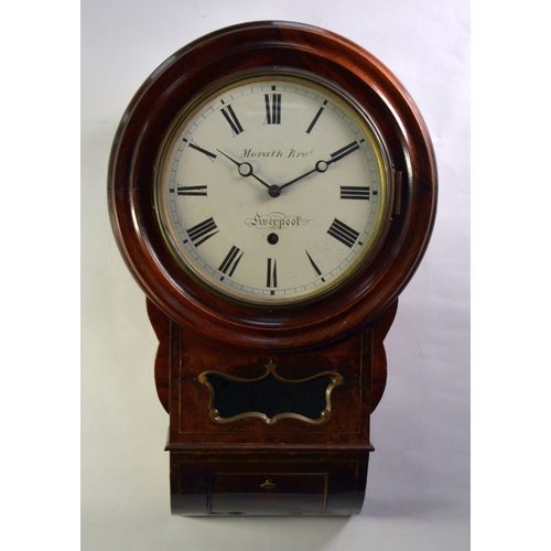 7 - MORATH BROTHERS, LIVERPOOL, BRASS MOUNTED AND INLAID MAHOGANY AND WALNUT CASED DROP DIAL WALL CLOCK,... 