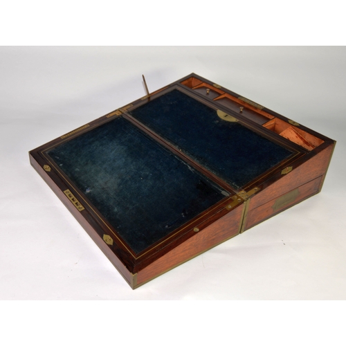 43 - GOOD QUALITY EARLY NINETEENTH CENTURY BRASS INLAID ROSEWOOD LARGE PORTABLE WRITING SLOPE, of typical... 