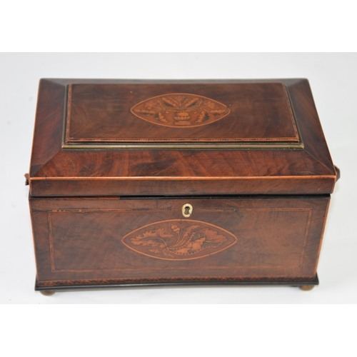 46 - GEORGE III INLAID AND FIGURED MAHOGANY SARCOPHAGUS SHAPED TEA CADDY, with chamfered cover and brass ... 