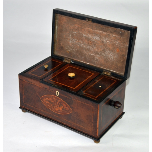 46 - GEORGE III INLAID AND FIGURED MAHOGANY SARCOPHAGUS SHAPED TEA CADDY, with chamfered cover and brass ... 