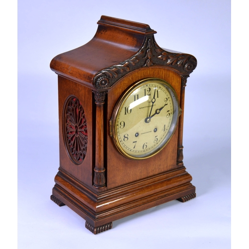 4 - LATE VICTORIAN/EDWARDIAN OAK CASED MANTEL CLOCK, the German coiled gong striking movement by WINTERH... 