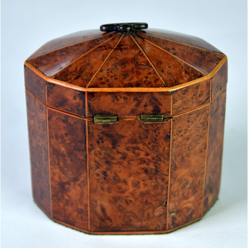 39 - GEORGE III YEWTREE WOOD and BOXWOOD STRUNG DECAGONAL TEA CADDY with BRASS carrying handle, lidded co... 