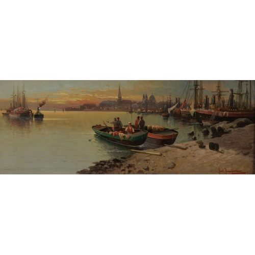 81 - KARL KAUFMANN (1843-1902/5) OIL PAINTING ON PANEL A European Coastal townscape with moored and other... 