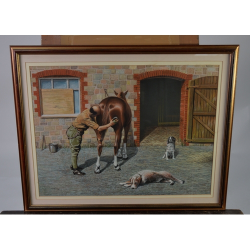 121 - PETER JEPSON (BR. b.1936) oil pastel on paper 'Hounds, horse, and groom', signed in pencil and dated... 