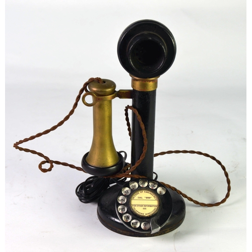 245 - VINTAGE GPO CANDLESTICK  BLACK METAL ROTARY DIAL PEDESTAL TELEPHONE surmounted by a black Bakelite s... 