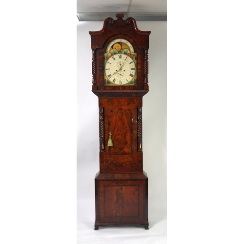 16 - EARLY 19th CENTURY FIGURED MAHOGANY LONGCASE CLOCK, probably by James Topham, Nantwich, with 8 days ... 