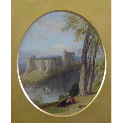 102 - BRITISH SCHOOL (NINETEENTH CENTURY) OIL PAINTING ON BOARD, OVAL 'Chepstow Castle, South Wales'Titled... 