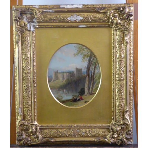 102 - BRITISH SCHOOL (NINETEENTH CENTURY) OIL PAINTING ON BOARD, OVAL 'Chepstow Castle, South Wales'Titled... 