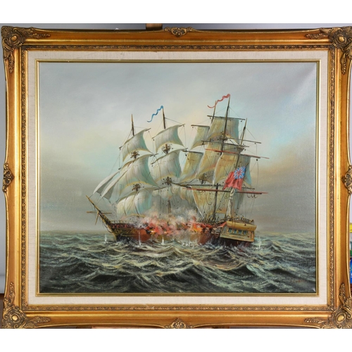 104 - E SINGER (TWENTIETH CENTURY)OIL ON CANVASNaval battle between two man-o-warsSigned20” x 24” (50.9cm ... 