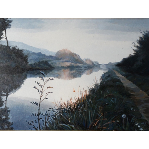 108 - MARGARET BROWN (TWENTIETH/ TWENTY FIRST CENTURY) OIL PAINTING Canal in rural setting Initialled MB 1... 