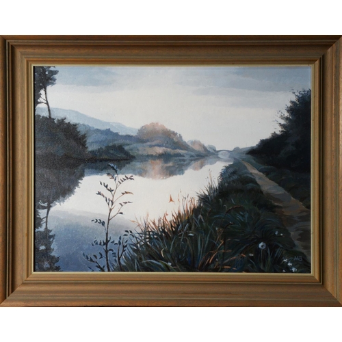 108 - MARGARET BROWN (TWENTIETH/ TWENTY FIRST CENTURY) OIL PAINTING Canal in rural setting Initialled MB 1... 