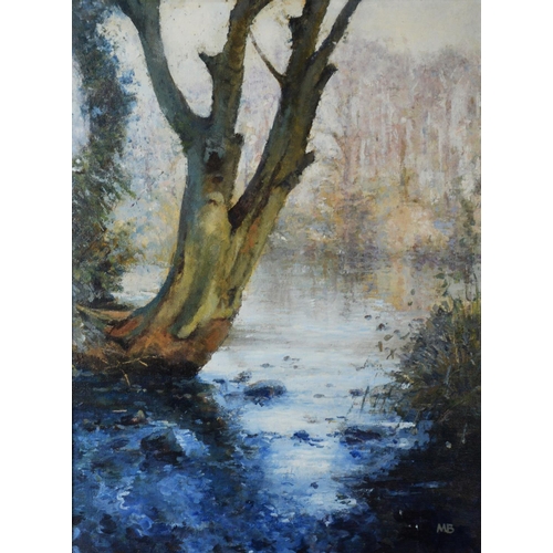 109 - MARGARET BROWN (TWENTIETH/ TWENTY FIRST CENTURY) OIL ON CANVAS‘Autumn, River Lune’ Initialled, label... 