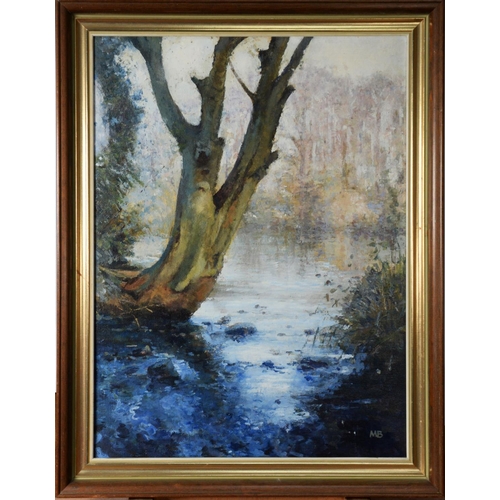 109 - MARGARET BROWN (TWENTIETH/ TWENTY FIRST CENTURY) OIL ON CANVAS‘Autumn, River Lune’ Initialled, label... 