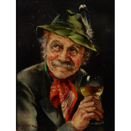 110 - GARTNER (NINETEENTH/ TWENTIETH CENTURY) OIL ON BOARD Man with feather in his hat holding a glass of ... 