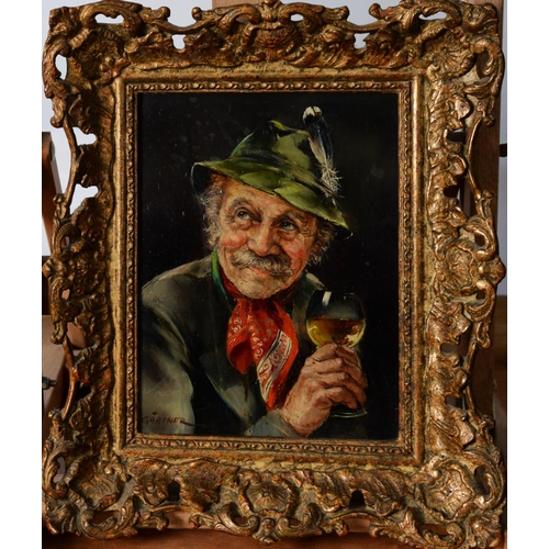 110 - GARTNER (NINETEENTH/ TWENTIETH CENTURY) OIL ON BOARD Man with feather in his hat holding a glass of ... 