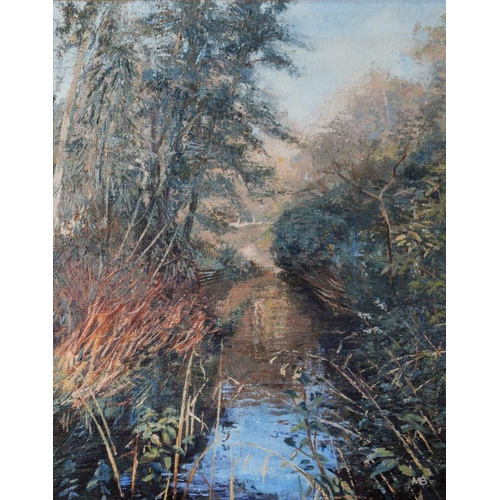 112 - MARGARET BROWN (TWENTIETH/ TWENTY FIRST CENTURY)OIL PAINTING‘Autumn in Styal’, woodland scene with s... 