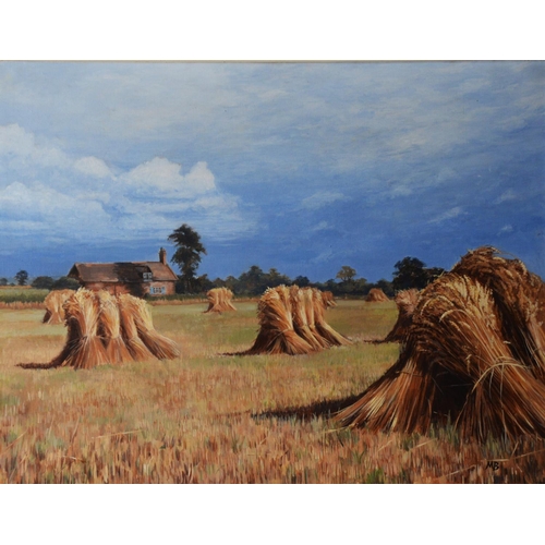 117 - MARGARET BROWN (TWENTIETH/ TWENTY FIRST CENTURY) OIL ON CANVASField of stacked wheatsheaves, farm bu... 