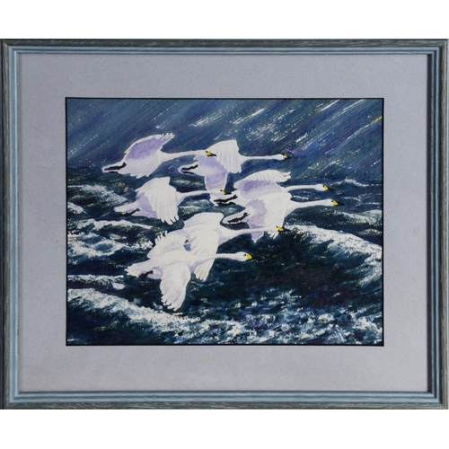 139 - JEAN A HIGHAM (TWENTIETH/ TWENTY FIRST CENTURY)WATERCOLOUR‘Seven Swans A-Flying’ Labelled verso8 ¼” ... 