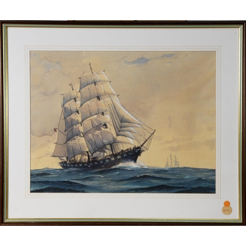 149 - JOHN CORCORAN (b.1940)WATERCOLOUR‘A Freshening Wind’, a clipper ship under full sailSigned lower rig... 