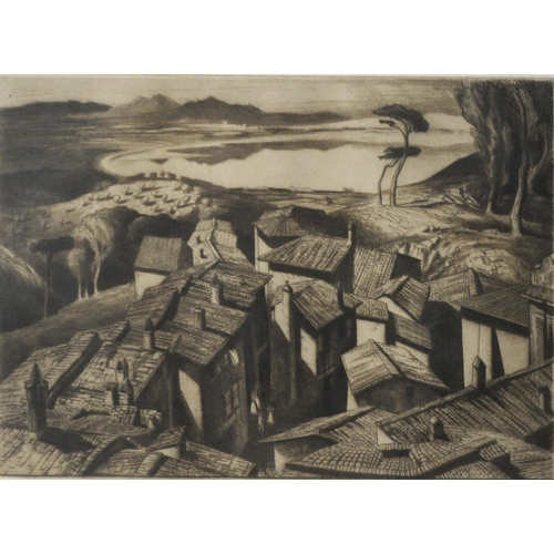 156 - HAYTON ARTIST SIGNED ORIGINAL ETCHING‘Bracchiano’, roof top view of coastal village9” x 12” (23cm x ... 