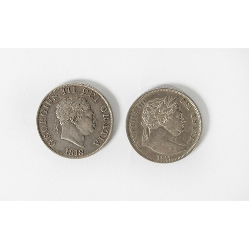 315 - COINS & TOKENS: Two George III bull-head silver half-crown coins, one dated 1817 the other 1818 ... 