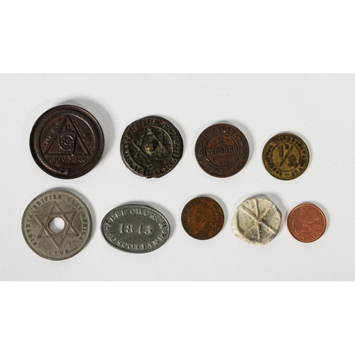 336 - TOKENS & COINAGE: 1930s Scottish masonic bronze stock penny, a British West Africa 1908 penny, a... 