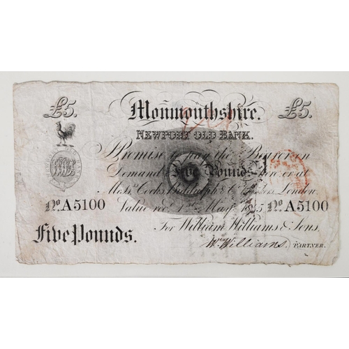 343 - BANKNOTES: Newport Old Bank, Monmouthshire white £5 for William Williams & Sons , 1st of May 184... 