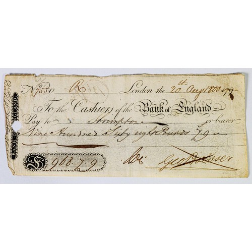 345 - BANKNOTES: Bank of England Cashiers Pay-to-order, 20th of August 1800 for £968 7- 9d (nine hundred a... 