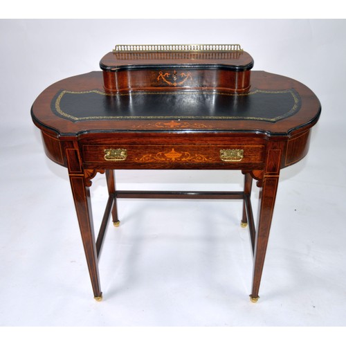 70A - VICTORIAN MARQUETRY INLAID ROSEWOOD BON HEUR DU JOUR, with raised lidded stationery rack to the back... 