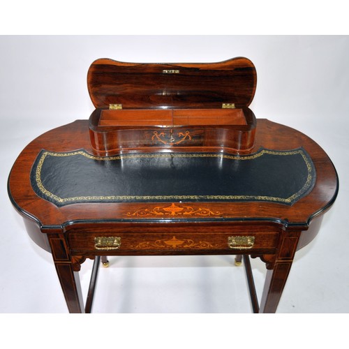 70A - VICTORIAN MARQUETRY INLAID ROSEWOOD BON HEUR DU JOUR, with raised lidded stationery rack to the back... 