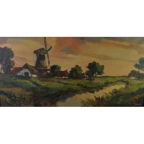 91 - UTTECHT(?) (TWENTIETH CENTURY) OIL ON CANVAS Canal scene with windmill and farm buildings Signed 19 ... 