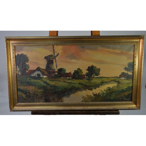 91 - UTTECHT(?) (TWENTIETH CENTURY) OIL ON CANVAS Canal scene with windmill and farm buildings Signed 19 ... 