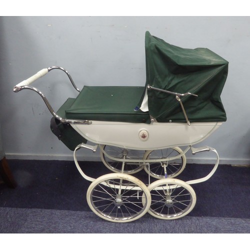 233 - SILVER CROSS LARGE, DOLL'S PRAM, with white enamelled coach work, dark green canvas cover, hood and ... 