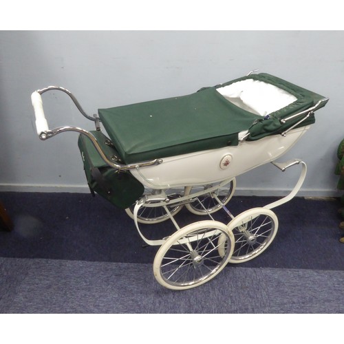 233 - SILVER CROSS LARGE, DOLL'S PRAM, with white enamelled coach work, dark green canvas cover, hood and ... 