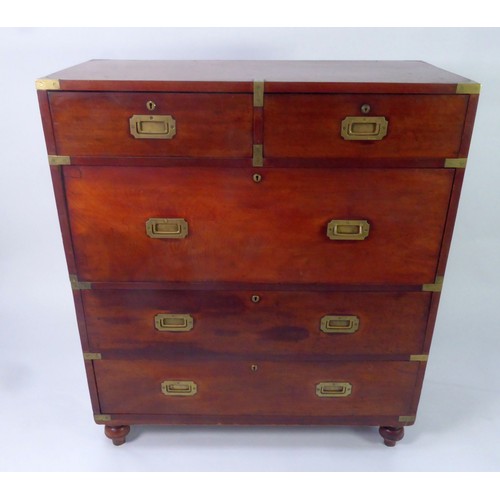 69A - VICTORIAN MAHOGANY CAMPAIGN CHEST in two parts with brass corner mounts and straps, the upper portio... 