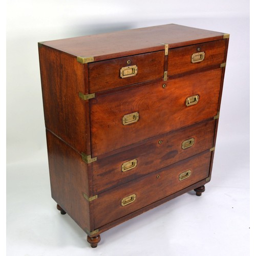 69A - VICTORIAN MAHOGANY CAMPAIGN CHEST in two parts with brass corner mounts and straps, the upper portio... 