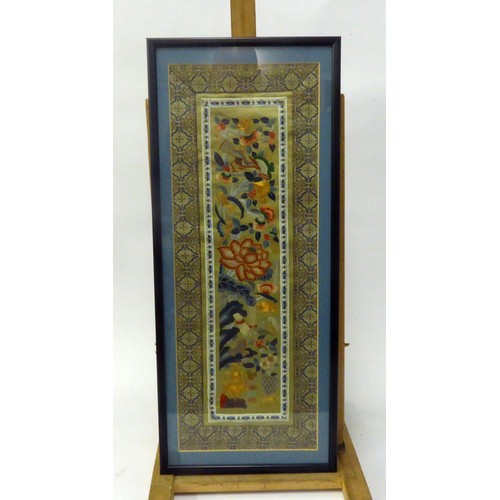 312B - CHINESE SILKS: A set of five silk embroidered sleeve panels decorated with figures, rock & peony... 