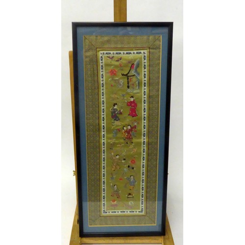 312B - CHINESE SILKS: A set of five silk embroidered sleeve panels decorated with figures, rock & peony... 