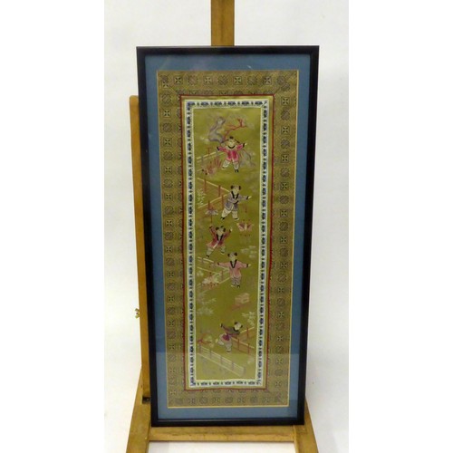 312B - CHINESE SILKS: A set of five silk embroidered sleeve panels decorated with figures, rock & peony... 