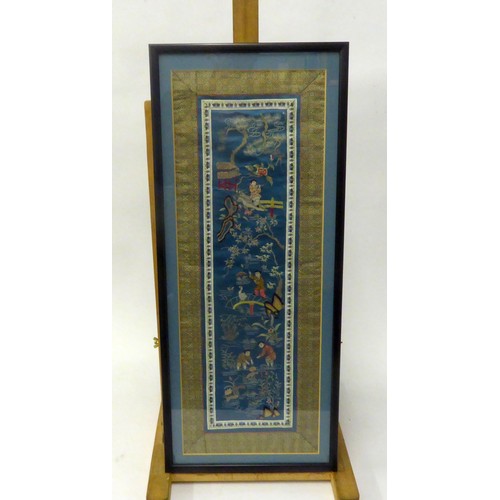 312B - CHINESE SILKS: A set of five silk embroidered sleeve panels decorated with figures, rock & peony... 