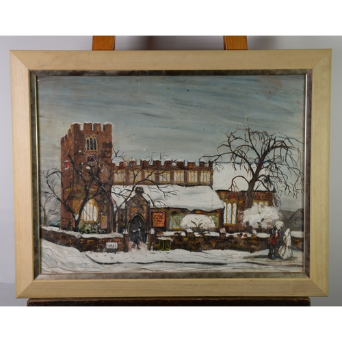 3 - PHILIPPE AIRD (1961-2015)OIL ON BOARD St. Mary’s Parish Church, Cheadle, in the snow Signed verso 21... 