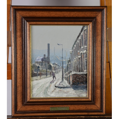 33 - REG GARDNER (1948) OIL PAINTING ON ARTISTS CANVAS BOARDTerraced Oldham street scene with man walking... 