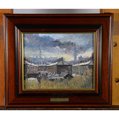 34 - REG GARDNER (1948)OIL PAINTING ON ARTIST CANVAS BOARDExtensive view of Oldham with mill chimneys in ... 