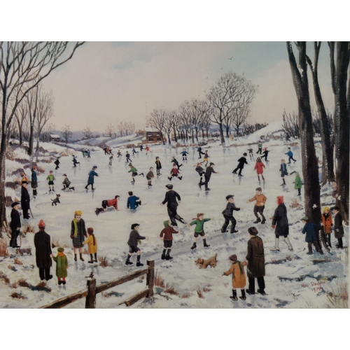 26 - TOM DODSONARTIST SIGNED COLOUR PRINTFrozen lake busy with skatersSigned in pencil lower right13 1/4