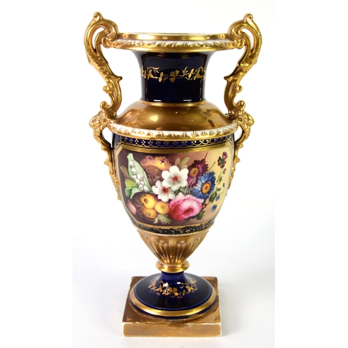 126 - NINETEENTH CENTURY ENGLISH PORCELAIN TWO HANDLED PEDESTAL VASE, the ovoid body well painted with a f... 