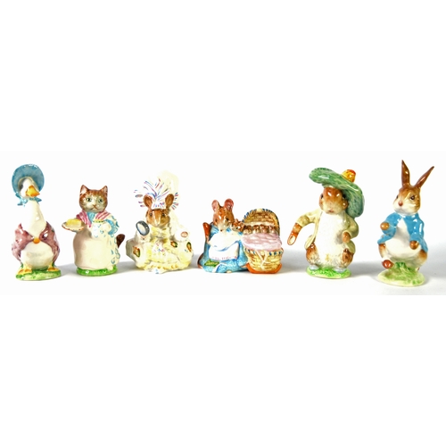 59 - SIX BESWICK BEATRIX POTTER CHARACTER FIGURES, five with Gold backstamps namely 'HUNCA MUNCA', 'GEMIM... 