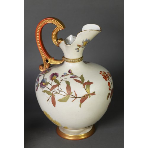 84 - LATE VICTORIAN ROYAL WORCESTER CHINA LARGE EWER, of footed form with moulded high scroll handle, pai... 