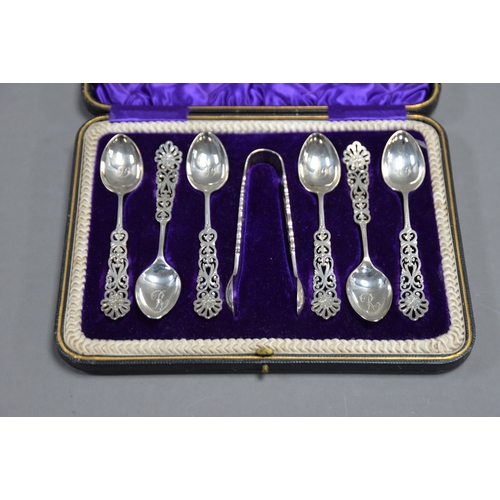 395 - CASED SET OF SIX EDWARD VII SILVER TEASPOONS AND PAIR OF SUGAR TONGS BY COOPER BROTHERS & SONS, ... 