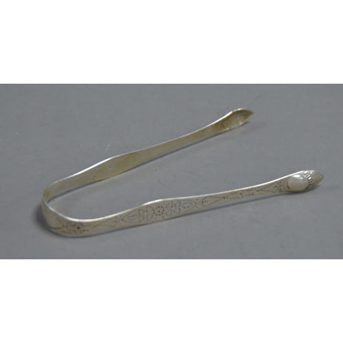 402 - PAIR OF GEORGE III BRIGHT CUT SILVER SUGAR TONGS BY PETER AND ANN BATEMAN, initialled, 5 ½” (14cm) l... 